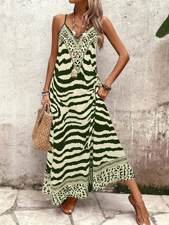Women’s Summer Dress with Animal Print & V-Neck | Maxi