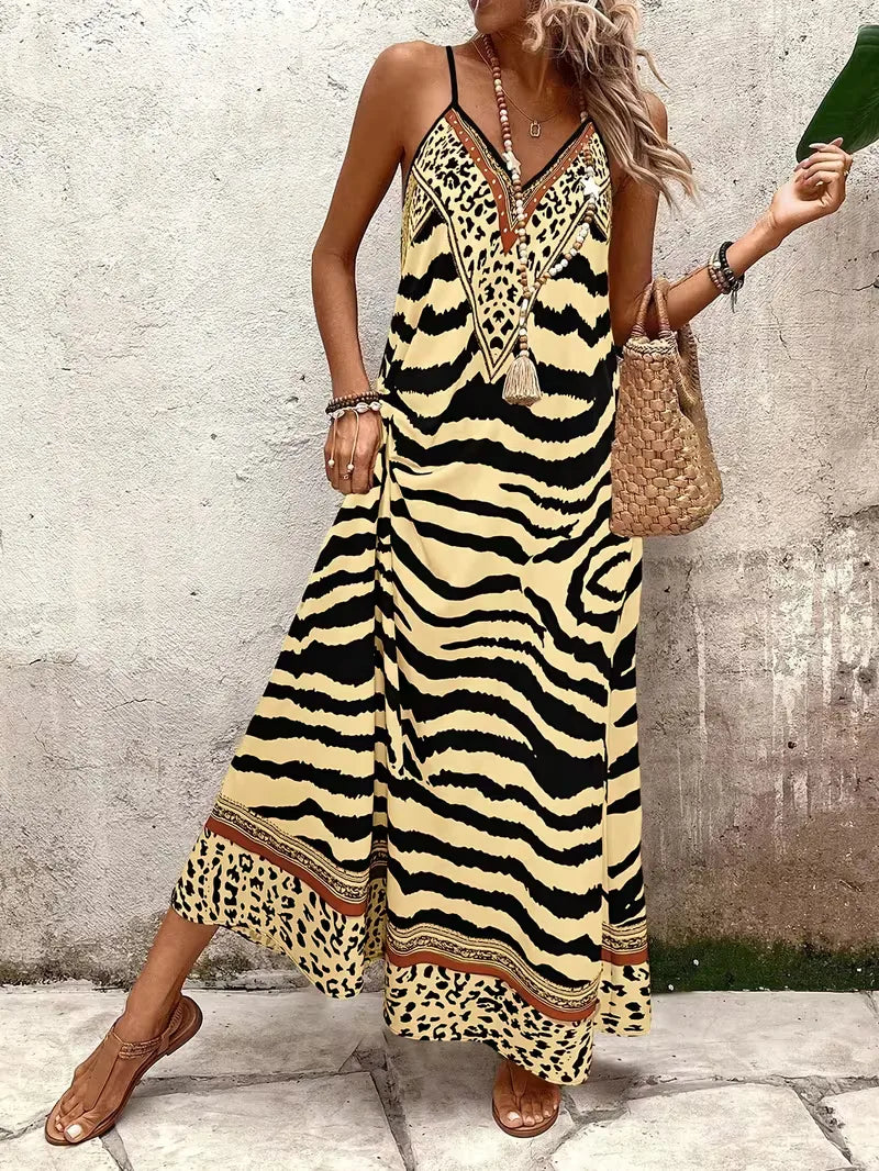 Women’s Summer Dress with Animal Print & V-Neck | Maxi