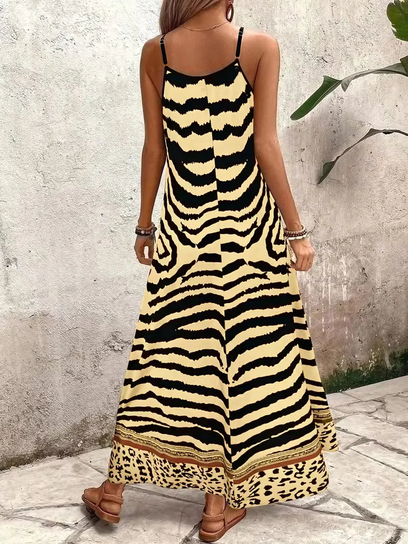 Women’s Summer Dress with Animal Print & V-Neck | Maxi