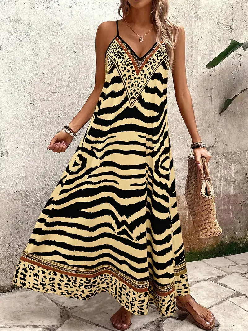 Women’s Summer Dress with Animal Print & V-Neck | Maxi