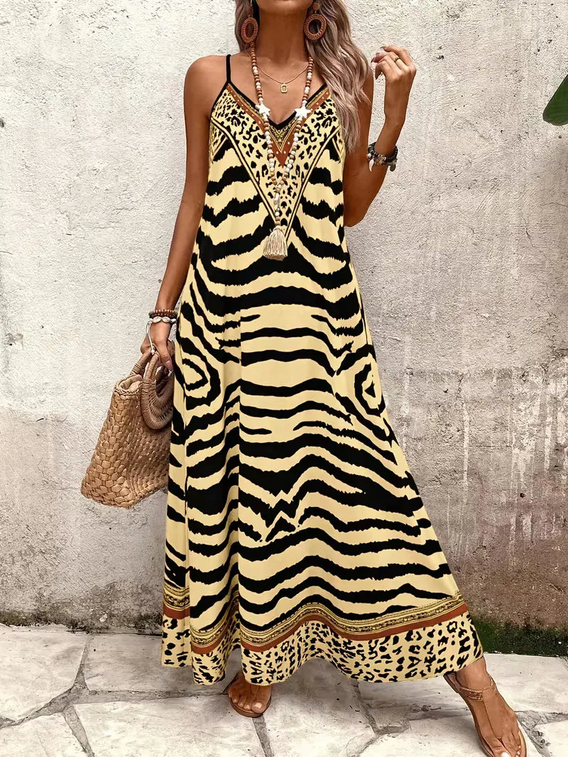 Women’s Summer Dress with Animal Print & V-Neck | Maxi
