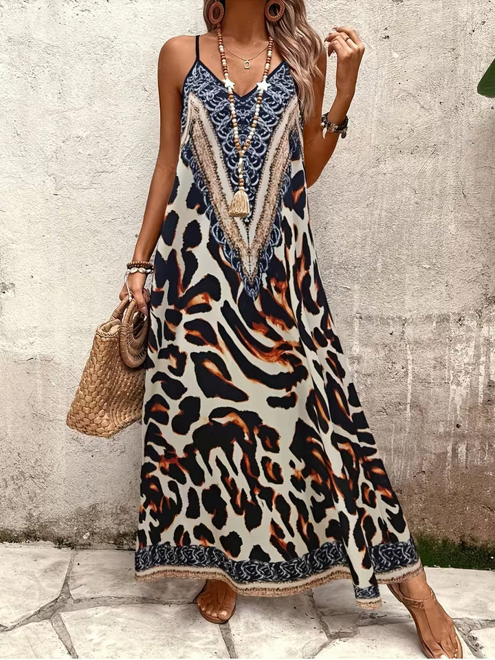 Women’s Summer Dress with Animal Print & V-Neck | Maxi