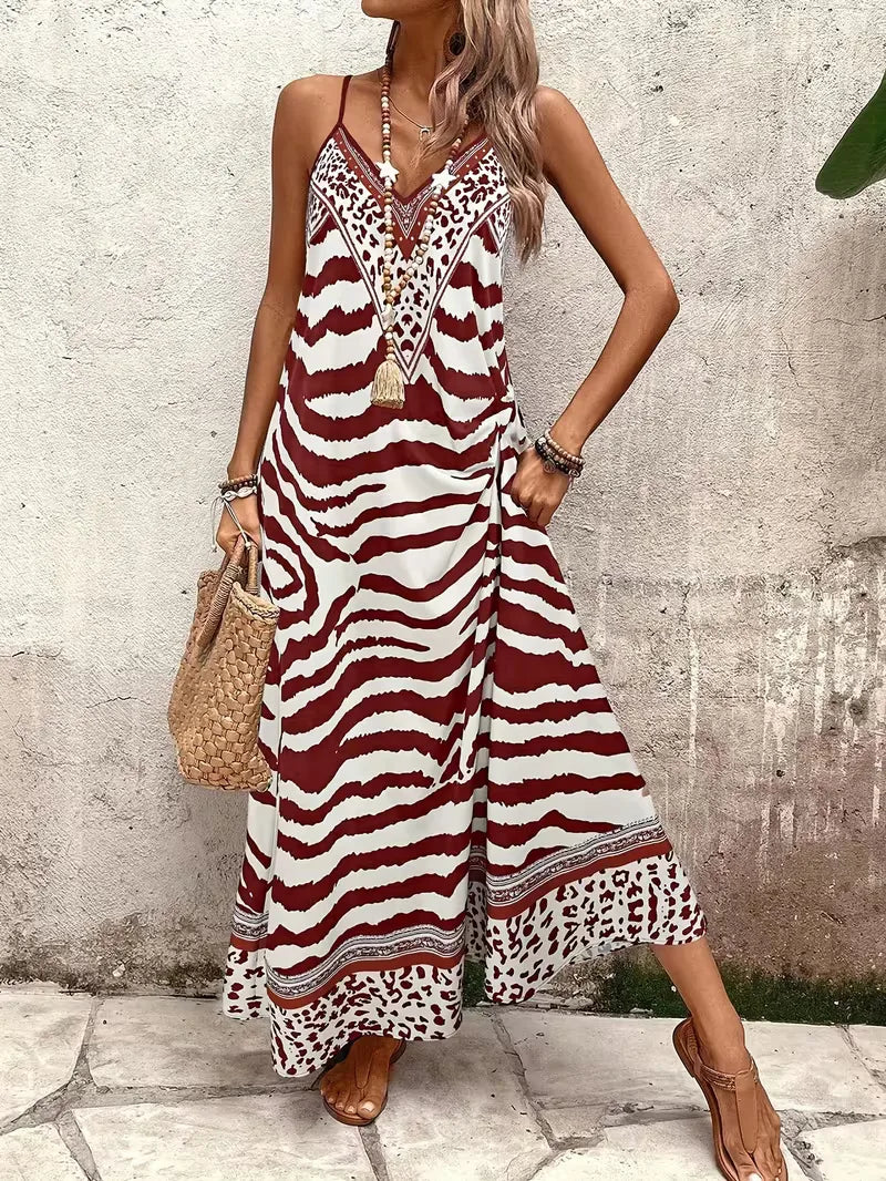 Women’s Summer Dress with Animal Print & V-Neck | Maxi