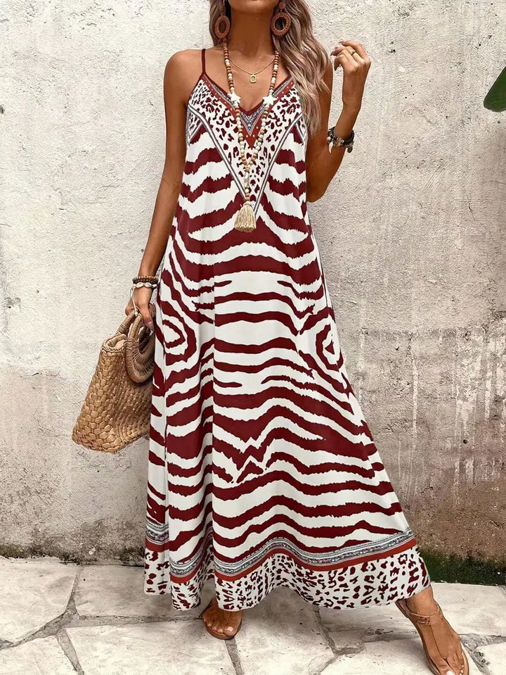 Women’s Summer Dress with Animal Print & V-Neck | Maxi