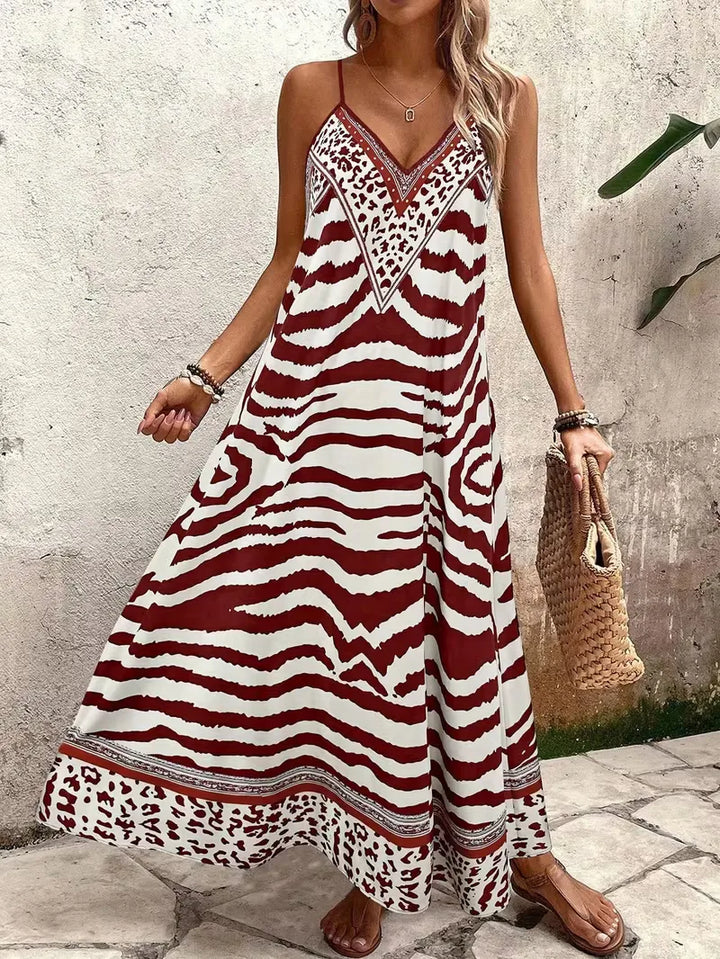 Women’s Summer Dress with Animal Print & V-Neck | Maxi