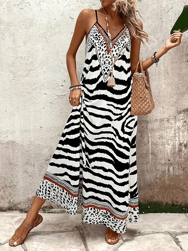 Women’s Summer Dress with Animal Print & V-Neck | Maxi