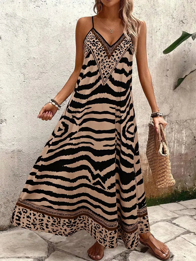 Women’s Summer Dress with Animal Print & V-Neck | Maxi