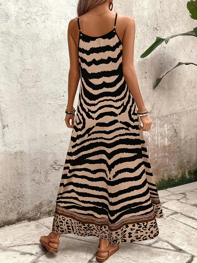 Women’s Summer Dress with Animal Print & V-Neck | Maxi