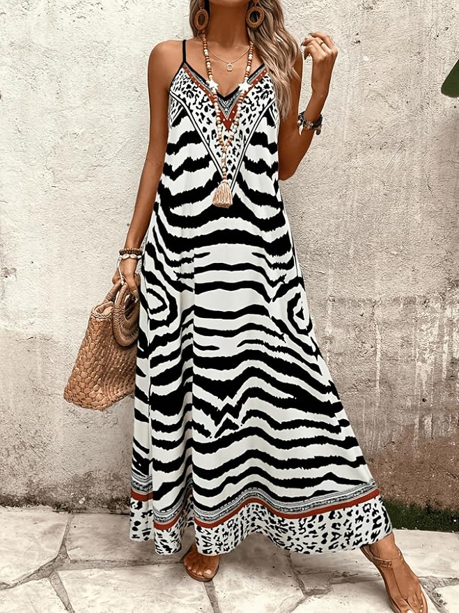 Women’s Summer Dress with Animal Print & V-Neck | Maxi