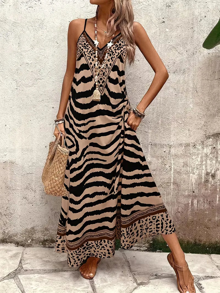 Women’s Summer Dress with Animal Print & V-Neck | Maxi
