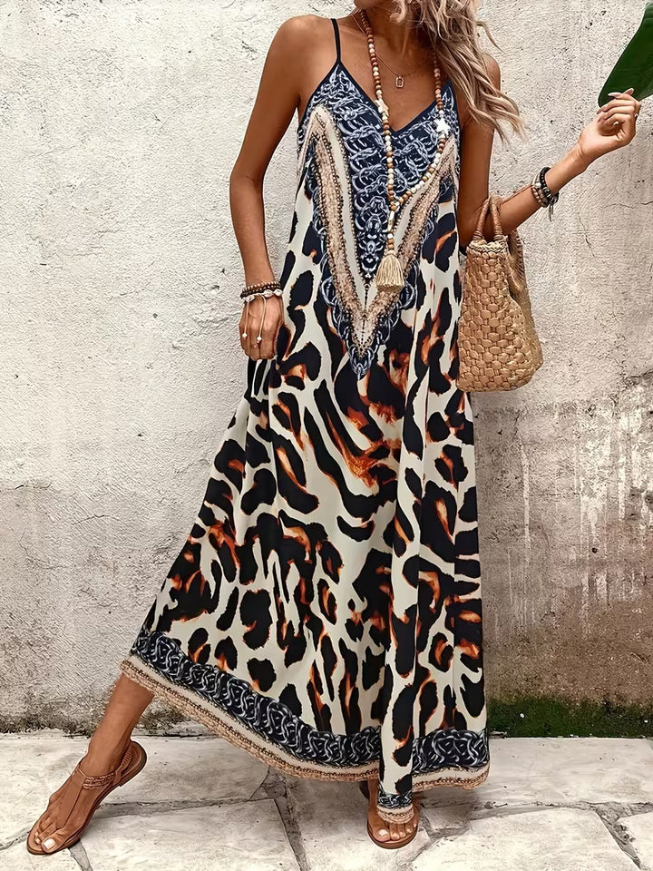 Women’s Summer Dress with Animal Print & V-Neck | Maxi