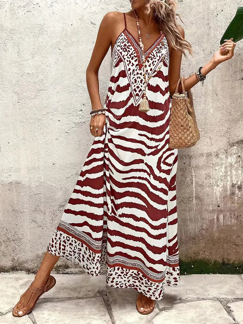 Women’s Summer Dress with Animal Print & V-Neck | Maxi