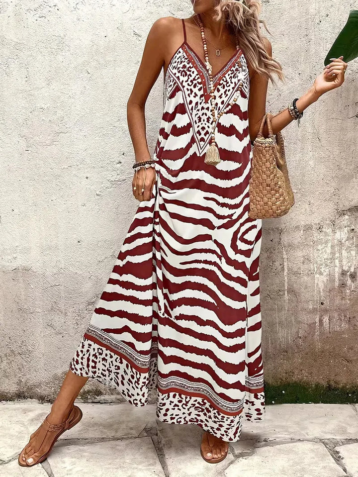 Women’s Summer Dress with Animal Print & V-Neck | Maxi