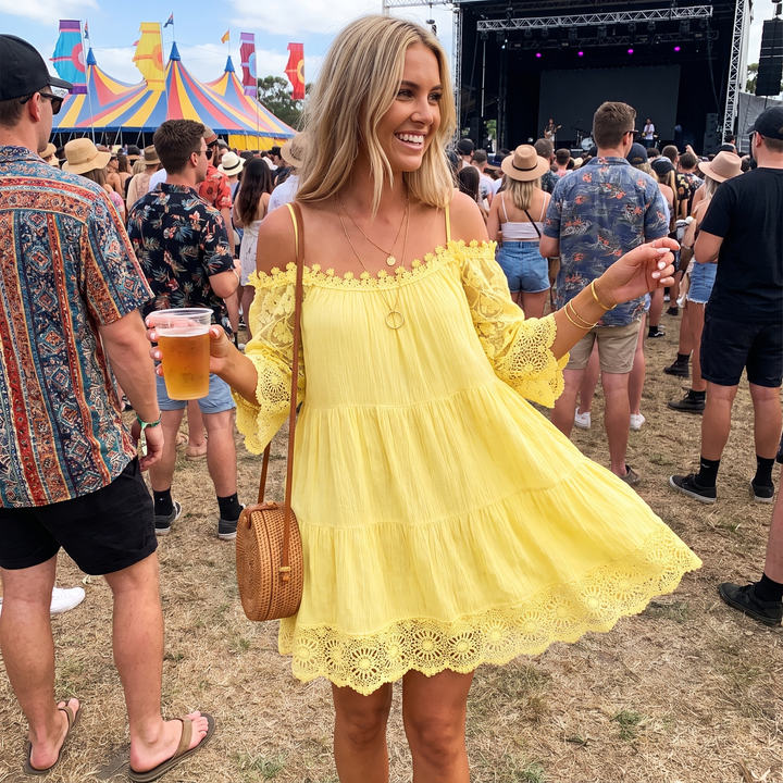 Women's Summer Dress with Cold Shoulder | Tiered Mini