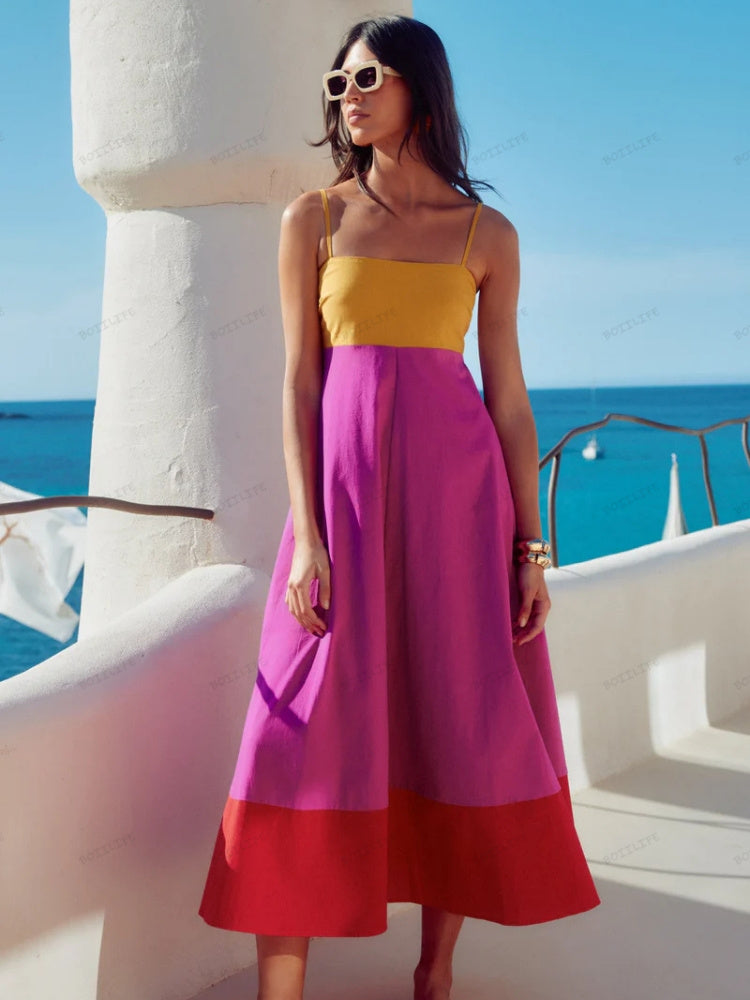Women's Summer Dress with Colour Block | Maxi