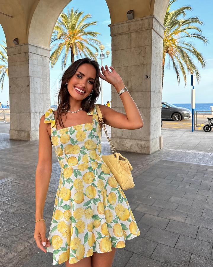 Women's Summer Dress with Lemon Print | Tie Straps
