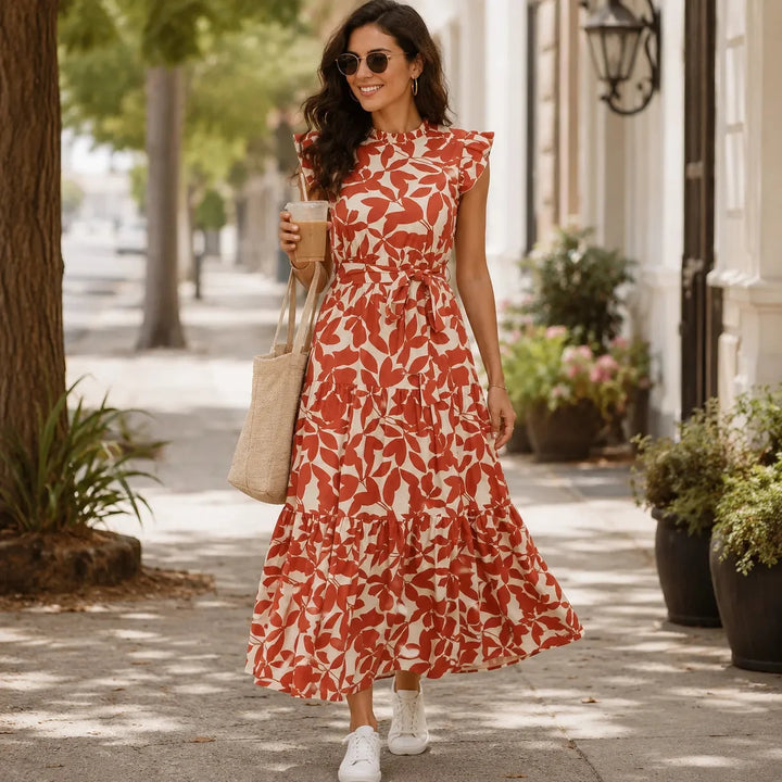 Women's Summer Dress with Ruffle Sleeve & Tie Waist | Midi