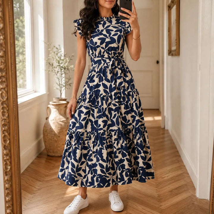 Women's Summer Dress with Ruffle Sleeve & Tie Waist | Midi
