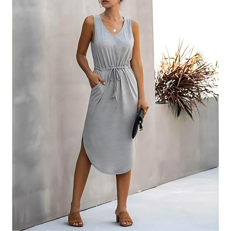 Women’s Summer Dress with Side Slits & Drawstring Waist | Midi
