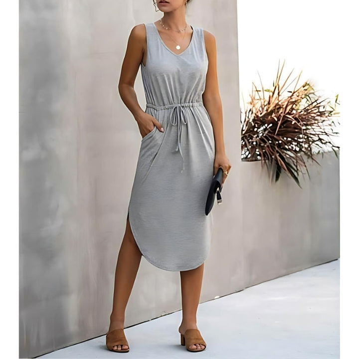 Women’s Summer Dress with Side Slits & Drawstring Waist | Midi