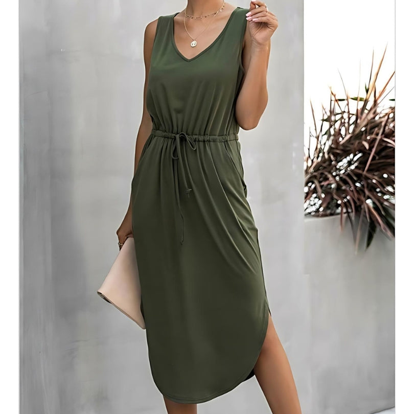 Women’s Summer Dress with Side Slits & Drawstring Waist | Midi