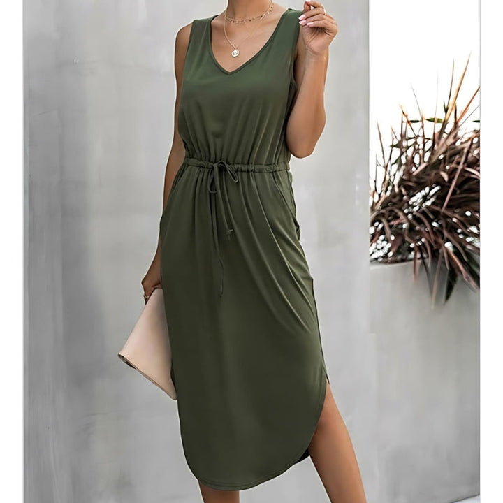 Women’s Summer Dress with Side Slits & Drawstring Waist | Midi