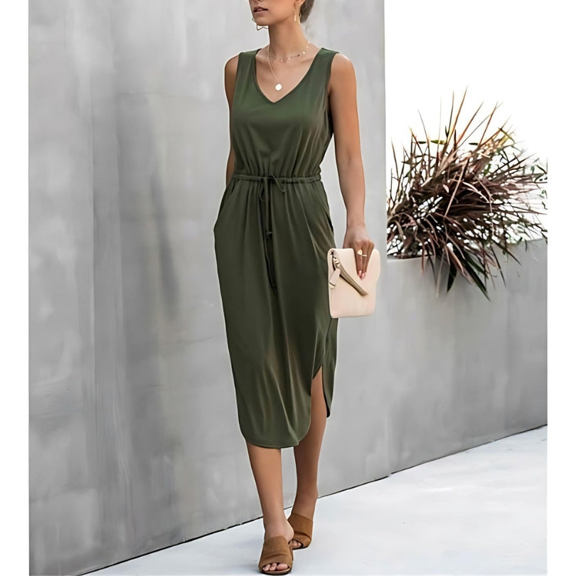 Women’s Summer Dress with Side Slits & Drawstring Waist | Midi