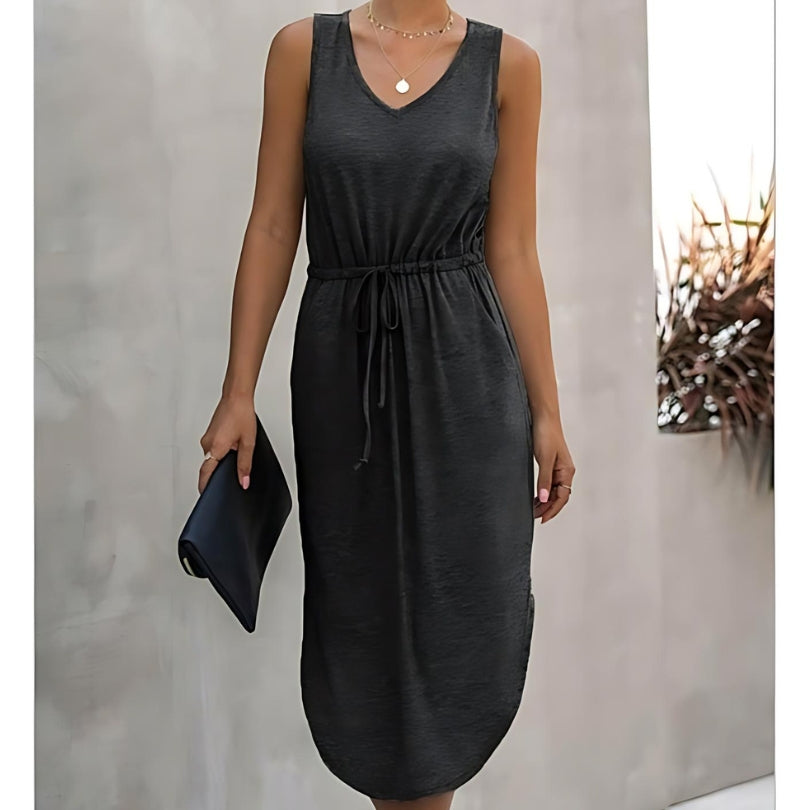 Women’s Summer Dress with Side Slits & Drawstring Waist | Midi