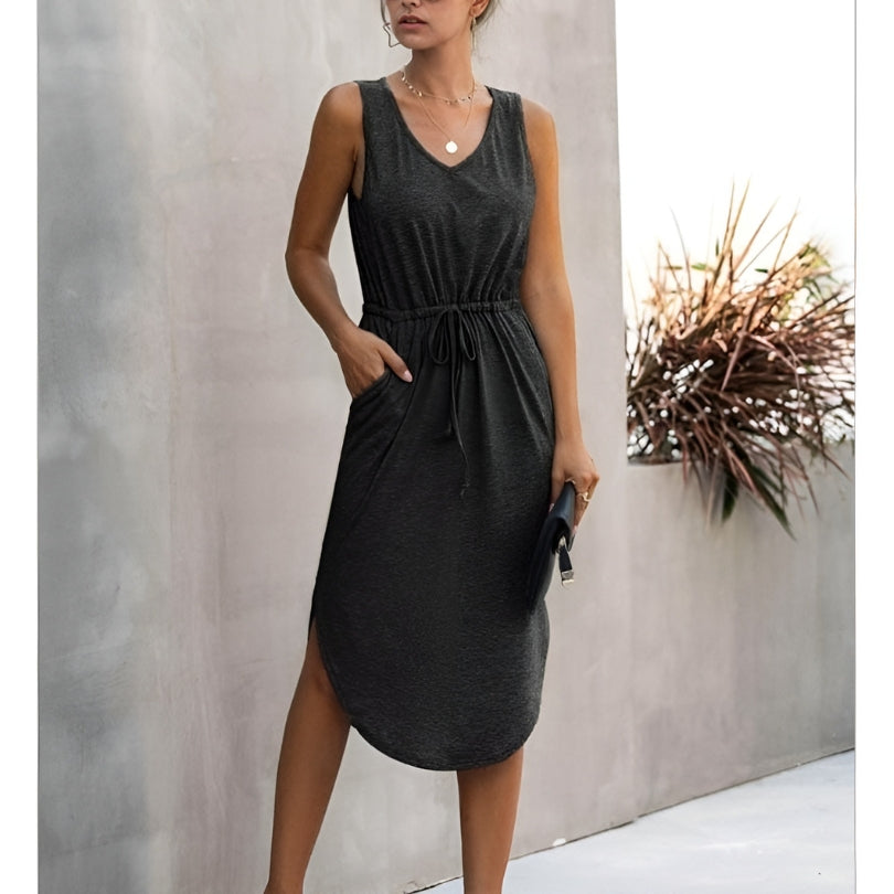 Women’s Summer Dress with Side Slits & Drawstring Waist | Midi