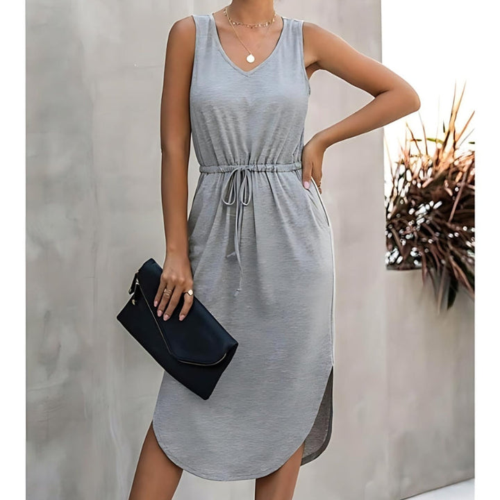 Women’s Summer Dress with Side Slits & Drawstring Waist | Midi