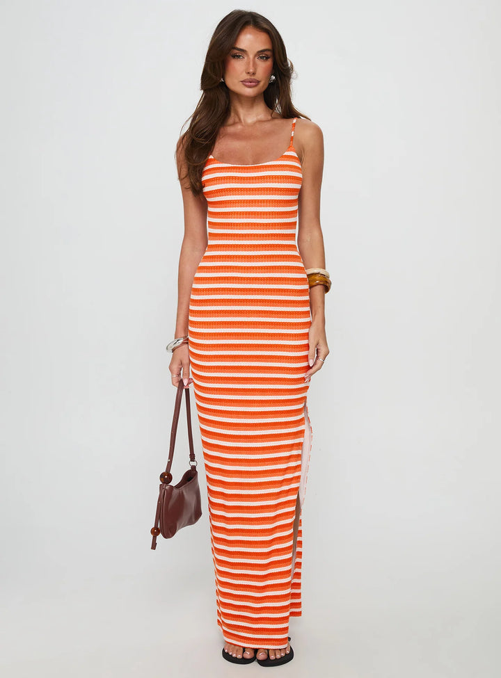 Women’s Summer Dress with Stripes & Drawstring Back | Maxi