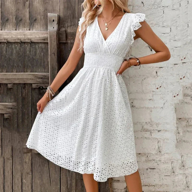 Women's Summer Dress with V-Neck | Eyelet Midi