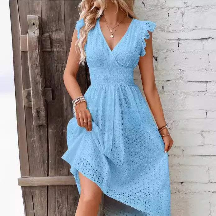 Women's Summer Dress with V-Neck | Eyelet Midi