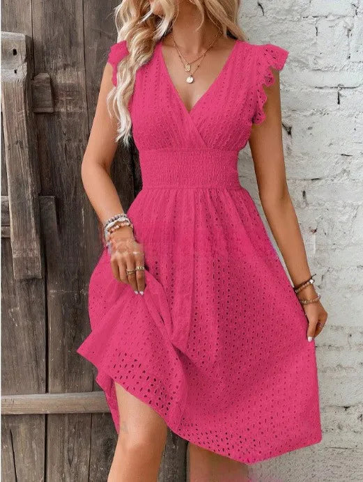 Women's Summer Dress with V-Neck | Eyelet Midi