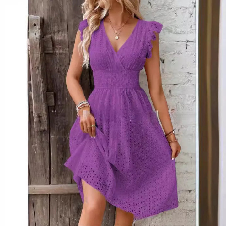 Women's Summer Dress with V-Neck | Eyelet Midi
