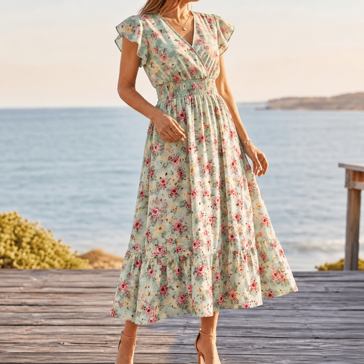 Women's Summer Dress with Wrap V-Neck | Smocked