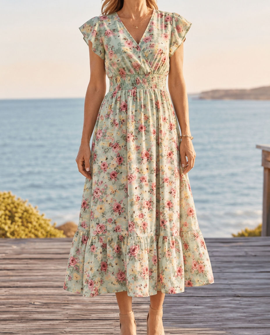Women's Summer Dress with Wrap V-Neck | Smocked