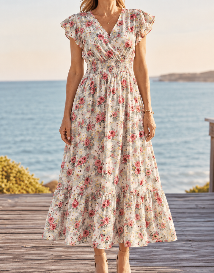 Women's Summer Dress with Wrap V-Neck | Smocked