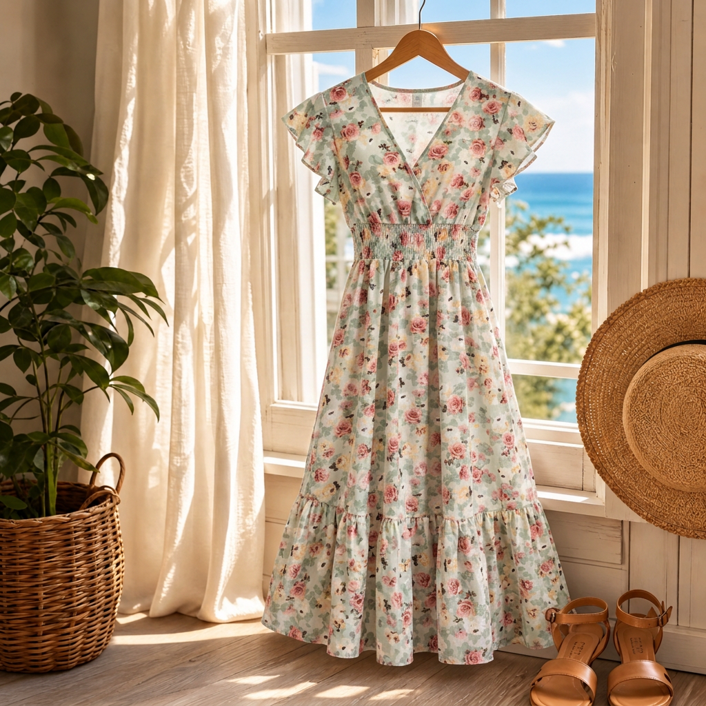 Women's Summer Dress with Wrap V-Neck | Smocked