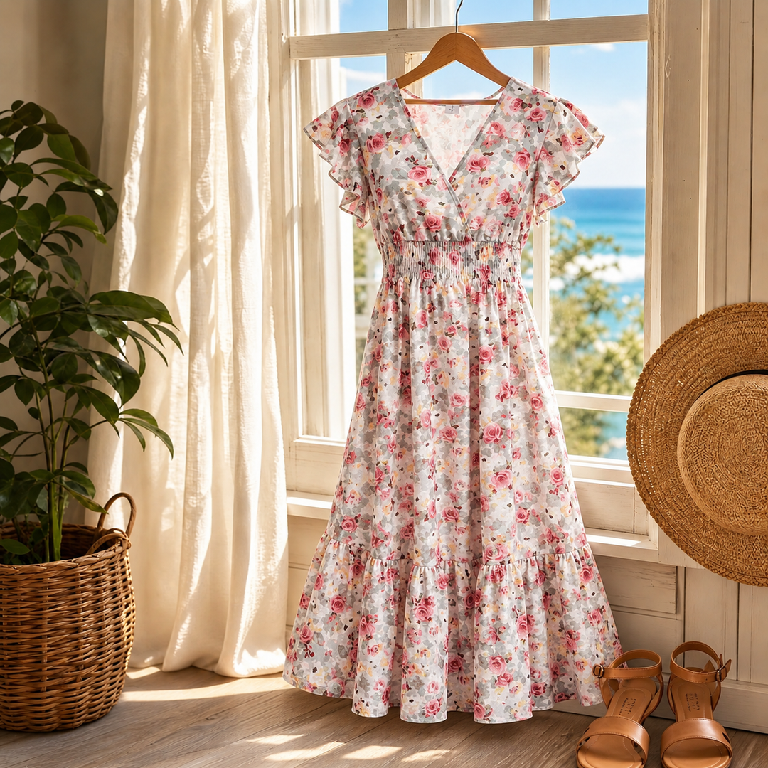 Women's Summer Dress with Wrap V-Neck | Smocked
