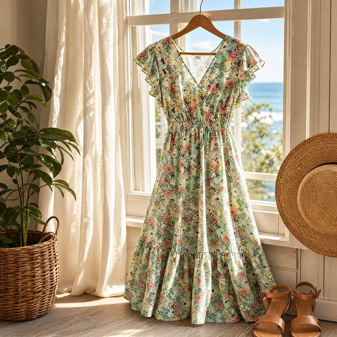 Women's Summer Dress with Wrap V-Neck | Smocked