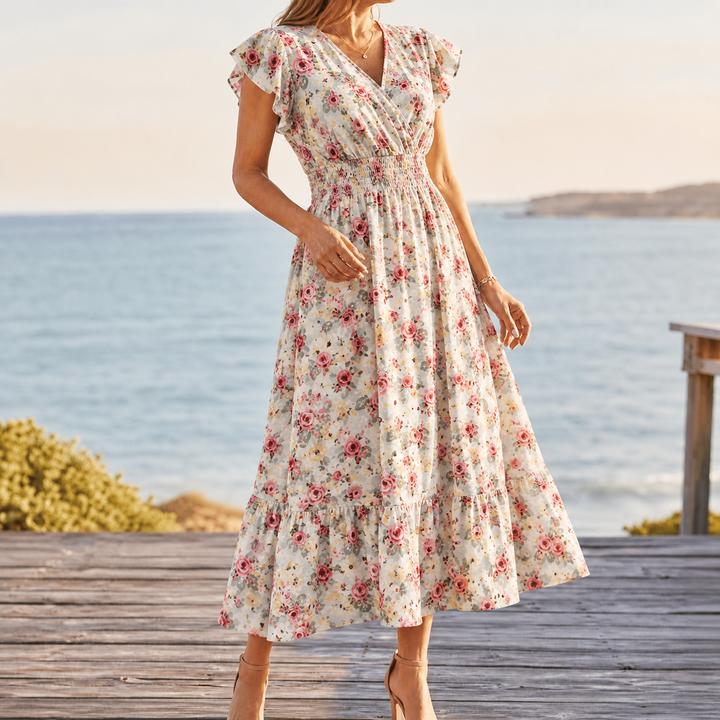 Women's Summer Dress with Wrap V-Neck | Smocked