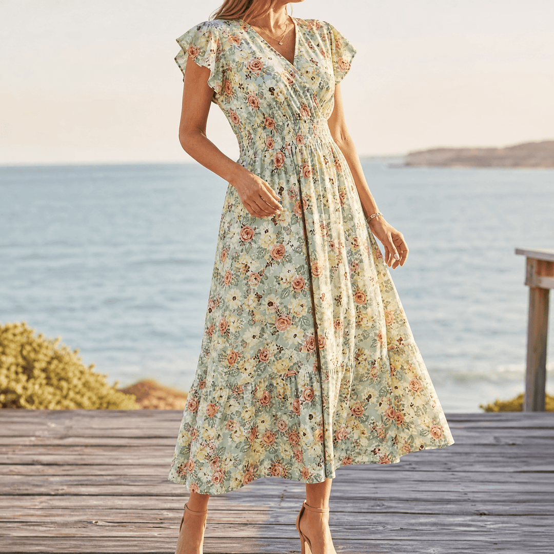 Women's Summer Dress with Wrap V-Neck | Smocked