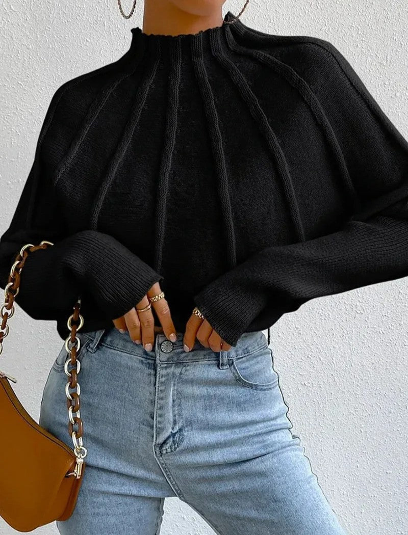 Women's Sunburst Knit Jumper with Mock Neck & Batwing Sleeves | Casual