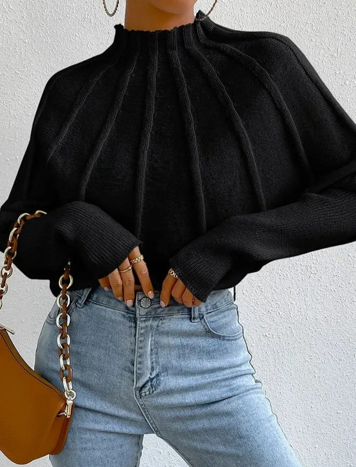 Women's Sunburst Knit Jumper with Mock Neck & Batwing Sleeves | Casual