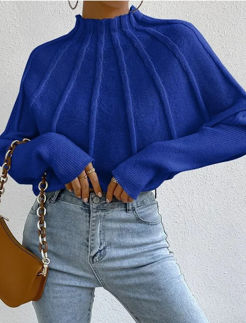 Women's Sunburst Knit Jumper with Mock Neck & Batwing Sleeves | Casual