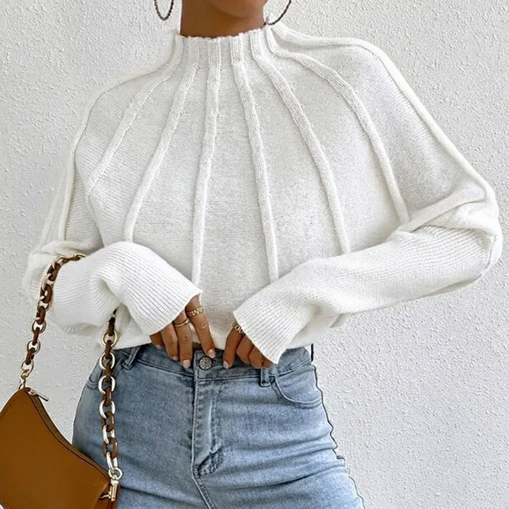 Women's Sunburst Knit Jumper with Mock Neck & Batwing Sleeves | Casual