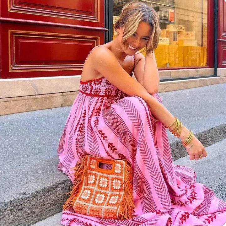 Women’s Sundress Maxi with Tassel Tie & Tribal Print | Boho