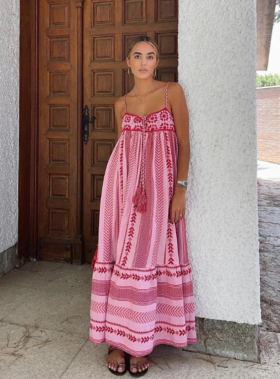 Women’s Sundress Maxi with Tassel Tie & Tribal Print | Boho