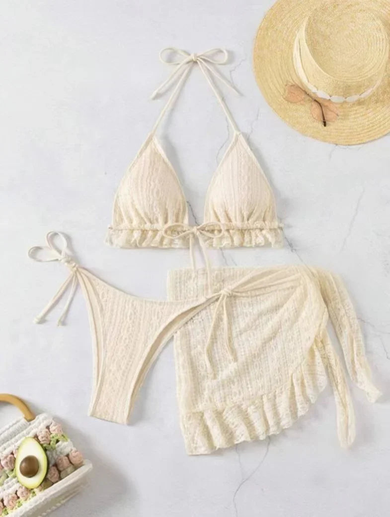 Women’s Swimwear 3 Piece Bikini Set with Cover Up Skirt | Halter